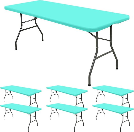 6 Pack Fitted Tablecloth for 8 Foot Rectangle Tables, Aqua Blue Elastic Outdoor Picnic Table Cover, Washable Stretch Folding Table Cloths 8 ft for Camping Party Patio Kitchen Banquet, 30" W x 96" L