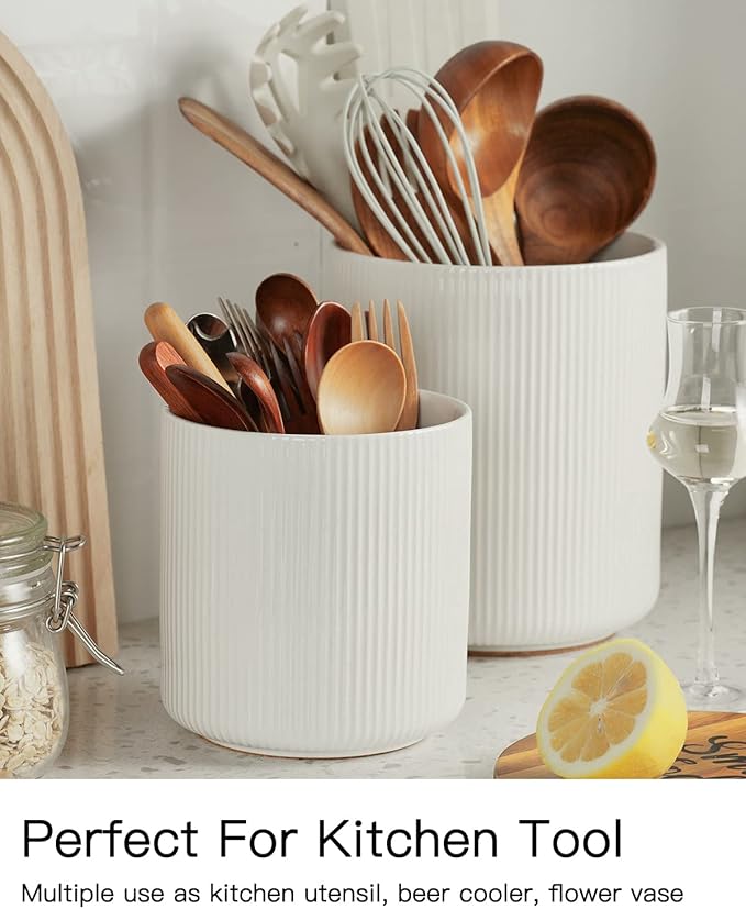getstar Large Utensil Holder for Kitchen Counter, 5.6" Vintage Ceramic Utensils Crocks Utensil Organizer for Spatula Farmhouse Kitchen Decor