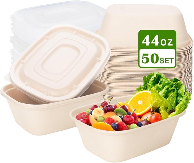 Aksipo 50 Pack 44 Oz Disposable Food Containers with Lids, Compostable Meal Prep Containers with Lids, Leak-proof To Go Food Box Cardboard Take Out Lunch Box Rectangle Paper Bowls for Salad,Leftovers