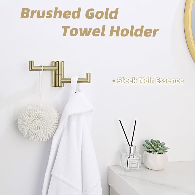 APLusee Brushed Gold Double Swivel Towel Hook, 304 Stainless Steel Foldable Towel Hanger, Space-Saving Wall Hook for Bathroom Kitchen RV