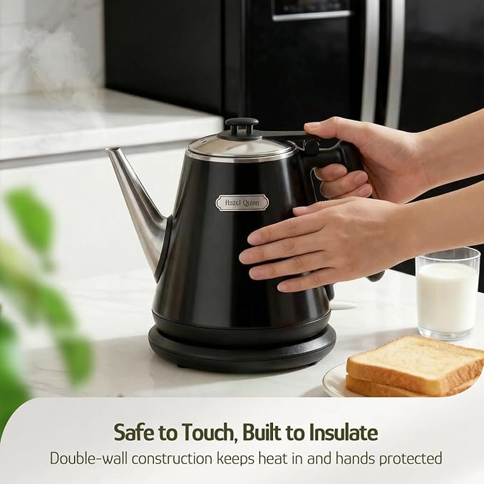 Hazel Quinn Electric Kettle - 1L/34oz Small Tea Kettle, 800W Fast Boil, All 304 Stainless Steel Interior, Double Wall for Cool Touch and Thermal, Auto Shut-Off, BPA-Free, Cordless - Jet Black