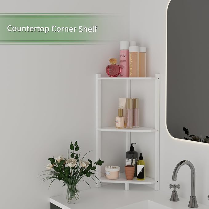 Wisuce Corner Shelf, 100% Real Bamboo Shower Corner Shelves Free Standing Shelf Storage Organizer for Bathroom Living Room Kitchen (White, 3 Tier)