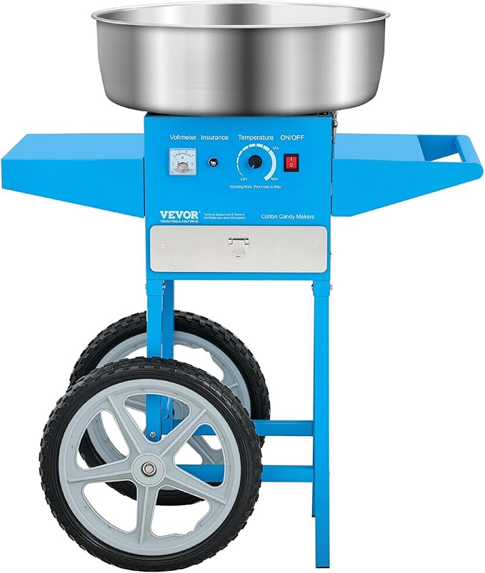 VEVOR Commercial Cotton Candy Machine with Cart, 1000W Electric Candy Floss Maker with 20.5 in Stainless Steel Bowl, Sugar Scoop and Drawer, for Home, Kids Birthday, Family Party, Blue