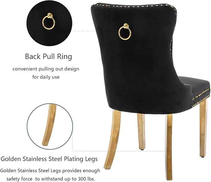 Black Dining Chairs Set of 2, Velvet Upholstered Dining Room Chairs with Back Ring Pull Trim and Golden Stainless Steel Legs, Tufted Wingback Chair Perfect for Dining Room,Kitchen(Black)