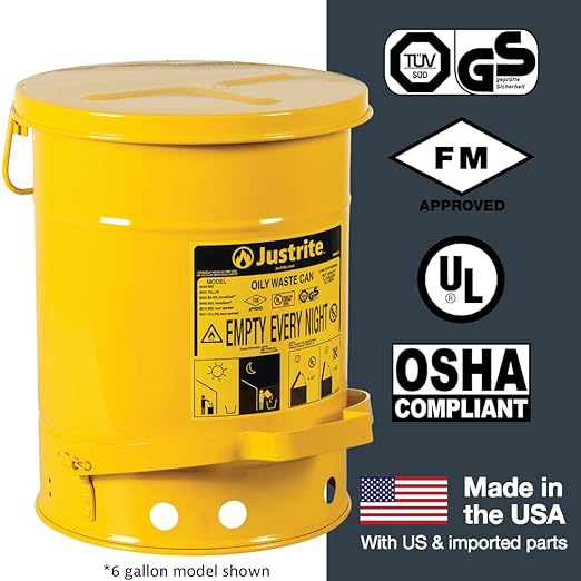 Justrite 10 Gallon Galvanized Steel Oily Waste Can, 18" x 14" Metal Oil Rag Safety Can with Foot Operated Self-Closing Lid for Oil Rag Disposal, Made in The USA, Yellow, 09301