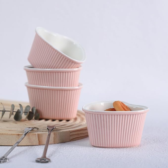 Sizikato Heart-Shaped Pink Porcelain Souffle Dishes, Ramekins - 3.5 Inches for Souffle, Creme Brulee and Dipping Sauces - Set of 4