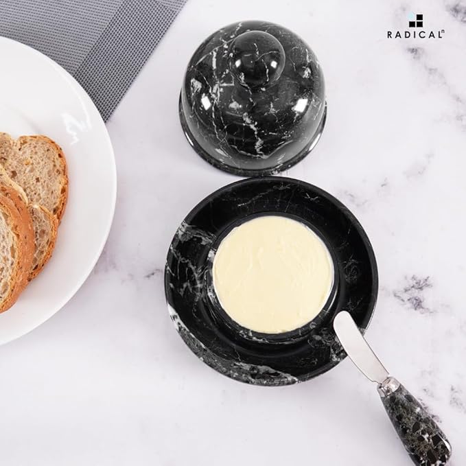 Radicaln Marble Butter Dish With Lid For Countertop 6" Inches Black Zebra Handmade Butter Spreader For Kitchen Accessories, Ideal Butter Crock for Butter & French Butter Holder