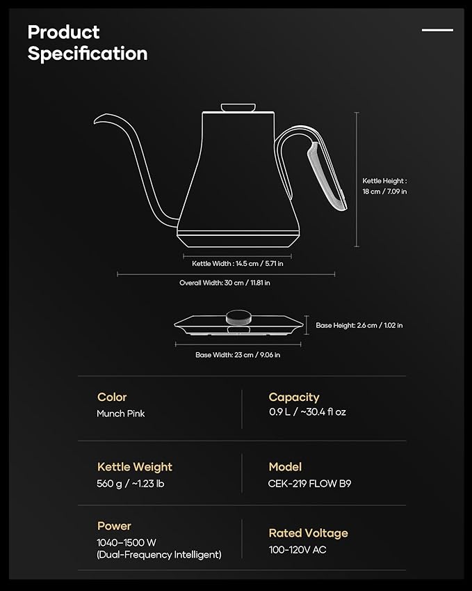 Cocinare Barista Collection Gooseneck Electric Kettle, ±1℉ Precise Temperature Control for Pour-Over Coffee & Tea, Quick Heating 1500W, Stainless Steel Interior, 0.9L (Munch Pink)