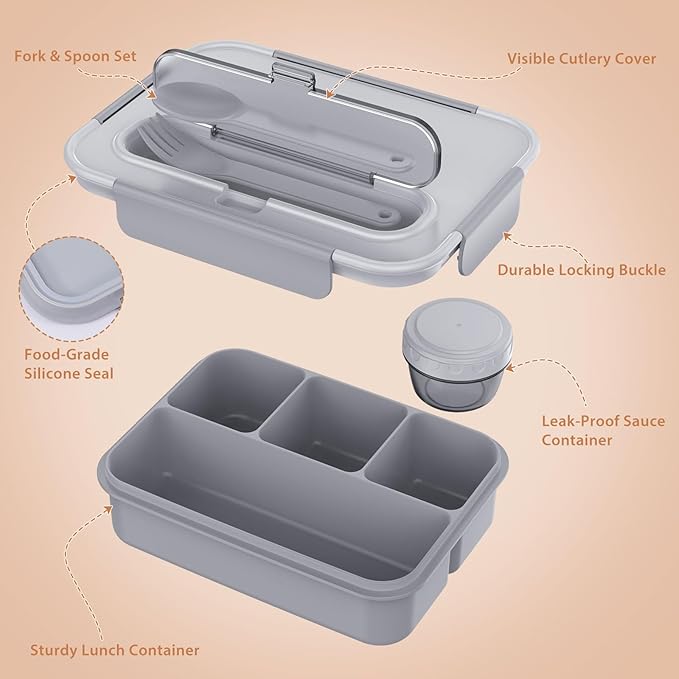 Caperci Bento Box Adult - 50 oz Large Lunch Containers for Adults and Teens, 4-Compartment Bento Lunch Box with Utensils & Leak Proof Sauce Cup, Dishwasher Safe, Durable, BPA-Free (Gray)