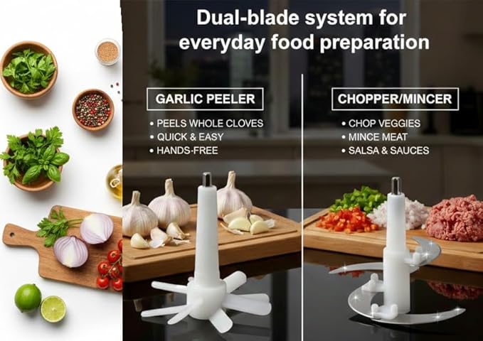 Electric Garlic Peeler & Chopper 300W – Automatic Garlic Peeler Machine with 2L Jar & Dual Blades, Electric Garlic Mincer, Vegetable Chopper & Silicone Garlic Peeler Skin Remover Tool