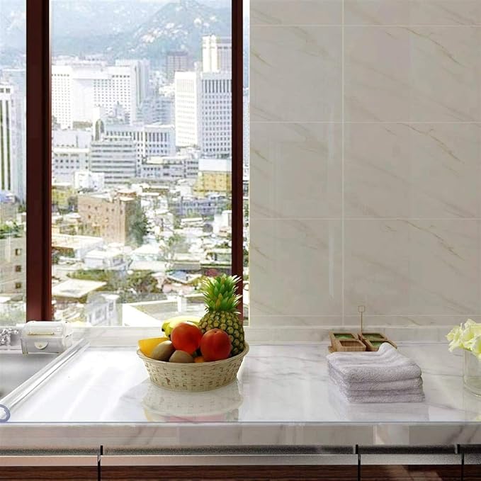 NECAUX Custom Multisize 1.5mm Thick Clear PVC Table Cover Protector - 36 x 78 Inch Kitchen Wood Grain Vinyl Transparent Table Protector Plastic Protective Dining Room Table Pad