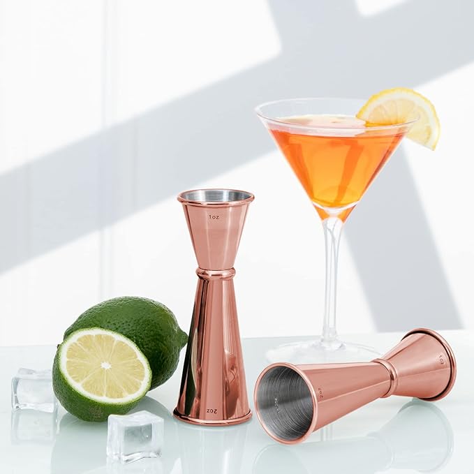 Jigger for Bartending, Briout Double Cocktail Jigger Japanese Premium 304 Food Grade Stainless Steel Jigger 2 OZ 1 OZ with Measurements Inside, Rose Gold