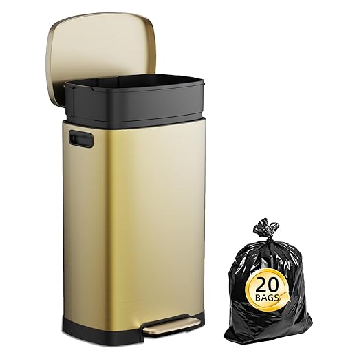 KdbK 13 Gallon Trash Can with Lid, 50L Fingerprint Proof Stainless Steel Kitchen Trash Can with Removable Inner Bucket and Lid Soft Close, Pedal Rubbish Bin for Home Office, Gold