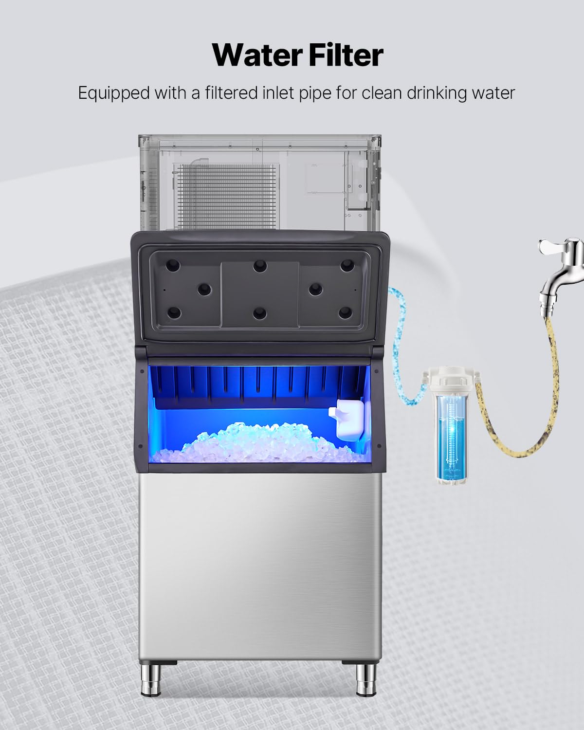 VEVOR Commercial Ice Maker Storage Bin, 500LBS Capacity Ice Bin, Stainless Steel Ice Storage Bin with Filter and Adjustable Anti-Slip Rubber Feet, Suitable for Restaurant Hotel and Beverage Shops