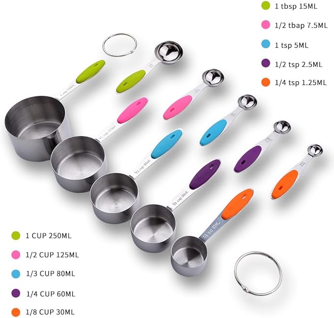 Measuring Cups and Spoons Set with Silicone Handle, Set of 10 Including Stainless Steel 5 Measuring Cups & 5 Measuring Spoons. Widely Used Cooking Baking Measurement as Kitchen Gadget.