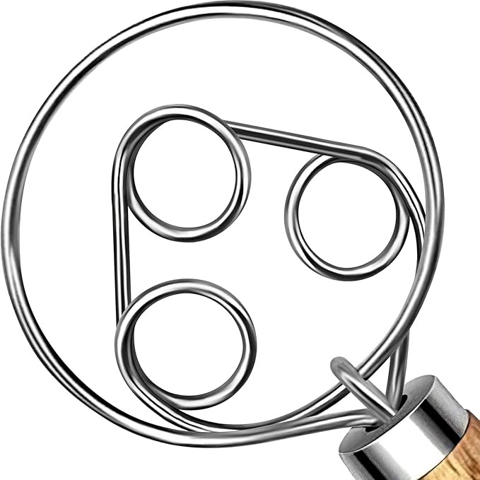 TEEVEA Danish Dough Whisk for Sourdough Bread, Pizza & Pastry - Wooden Handle with Stainless Steel Hook