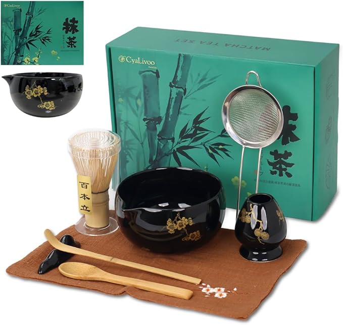 Matcha Whisk Set, Ceramic Bowl with Spout, Matcha Whisk & Holder, Bamboo Scoop & Spoon, Scoop Rest, Sifter, Towel, 8 Pcs Complete Kit for Tea Ceremony, Gift for Friend/Family(Black)