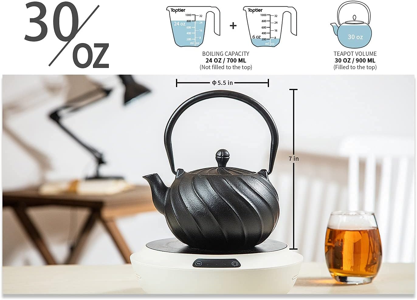 Tea Kettle, TOPTIER Japanese Cast Iron Teapot with Infuser, Cast Iron Tea Kettle Stovetop Safe, Wave Design Teapot Coated with Enameled Interior for 30 Ounce (900 ml), Midnight Black