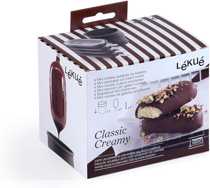 Lékué Set of 4 Classic Creamy Ice Cream Molds + Toppings Container | Fun Shape Homemade Freezer Ice Pops | Flexible Platinum Silicone for Easy Fill & Unmold | Reusable & Dishwasher Safe| Brown