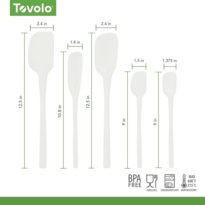 Tovolo Flex Core 5 Piece Silicone Spatula Set Heat Resistant All Silicone Utensils Include Non Stick Spatula Spoonula Jar Scraper, Dishwasher Safe BPA Free Spatulas for Baking Mixing, White