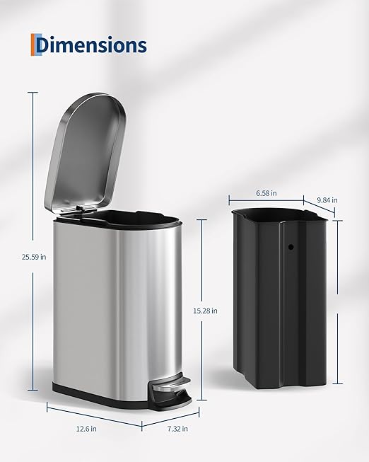 Garvee 13 gal (50 L) and 2.6 gal (10 L) Stainless Steel Trash Can Combo Set, Rustproof Garbage Can with Lid for Kitchen and Bathroom, Step-on Trash Bin with Inner Bucket, Rear Handle, Silver