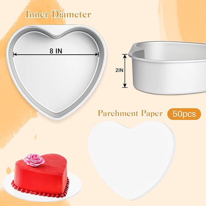 8 Inch Heart Shaped Cake Pans with 50 Pieces Parchment Paper,Set of 2 Non-stick Aluminum Heart Cake Pans Baking Tins for Birthday Wedding