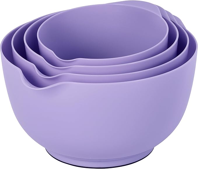 BoxedHome Nesting Plastic Mixing Bowl Set, 4 Piece Mixing Bowl Set with Pour Spouts, Size 1.7, 2.5, 3.5 and 4.5qt, for Prepping, Mixing, Baking, Cooking(2023 New Version, Purple)