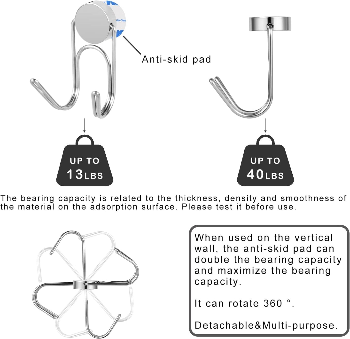 Magnetic Hooks Heavy Duty 304 Stainless Steel Hooks,Magnets Hanging Hooks for Refrigerator Grill Toolbox Cabins Outdoor,Cruise Essentials Camper Accessories,4pack(Silver,1.1in-2 40Lbs)