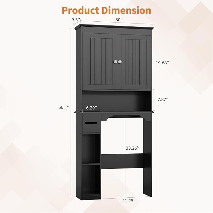 IDEALHOUSE 23.6 Inches Wide Toilet Rack with Over The Toilet Storage Cabinet, Bathroom Shelf Organizer with Anti-Tip Device, Small Freestanding Space Saver with Adjustable Shelf (Black 30" W)