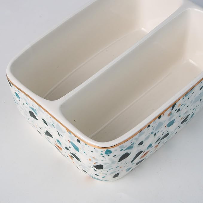 2 Compartments Ceramic Sponge Holder for Kitchen Sink, Unique Terrazzo Marble Pattern Countertop Dish Sponges Holder Soap Sink Organizer Caddy Farmhouse Home Kitchen Decor Light Blue