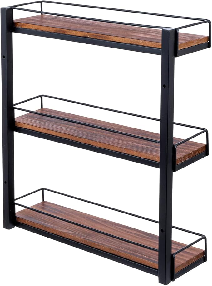 MyGift 3 Tier Wall Mounted Spice Rack, Black Metal and Burnt Solid Wood Kitchen Hanging Seasoning Shaker Spice Jar Condiment Bottle Shelf Pantry Organizer