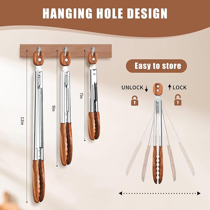 Wooden Tongs for Cooking Set of 2 (9" and 12") Natural Walnut Wooden kitchen Tongs for Grilling, Serving, BBQ and Tossing Salad etc | Ergonomic Stainless Steel Non-Slip Grip, Heat Resistant, Pull Lock