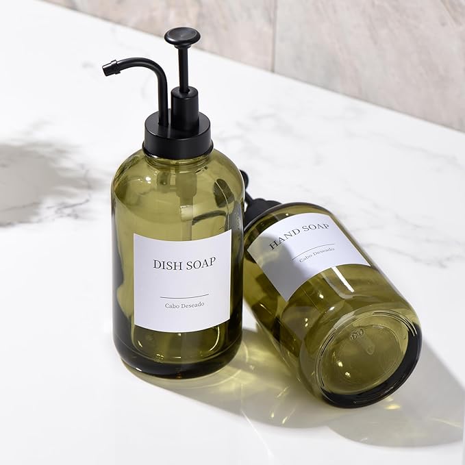 Glass Soap Dispenser with Pump, Dish and Hand Soap Dispenser for Kitchen Bathroom Set, Clear Glass Dispenser Set of 2 Pack with 18 Stickers Funnel Bamboo Tray 500ml 18oz Green