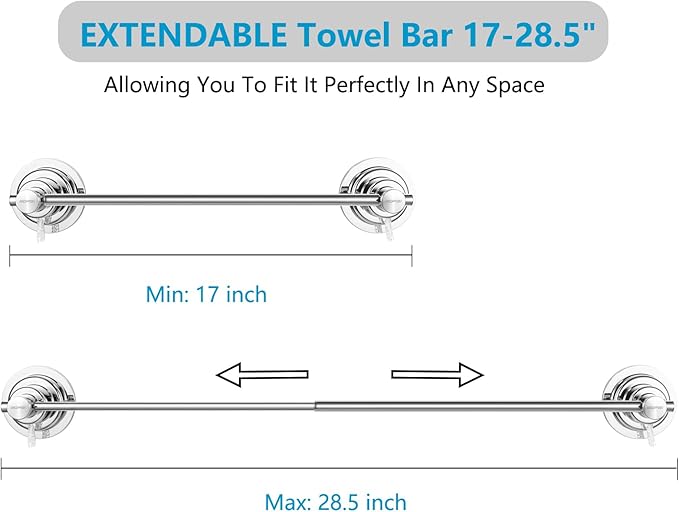 BOPai Extendable Suction Cup Towel Bar 17-28.5", Removeable Shower Door Mat Rod, Chrome