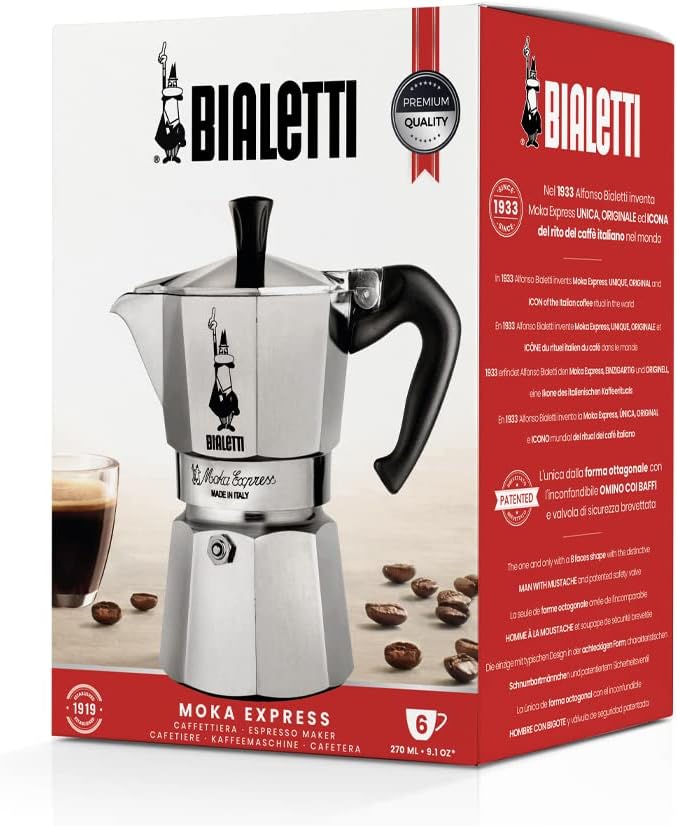 Bialetti Moka Express Iconic Italian Stovetop Espresso Maker (Natural Silver, 6 Cups)