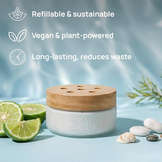 Azuna Air Freshener & Odor Eliminator for Strong Odor | 2 Room Kit Includes (2) 8 oz. Empty Luxe Glass Jars & 12 oz | Refill with Tea Tree Essential Oil Gel | Amalfi Breeze | Last 60-90 Days