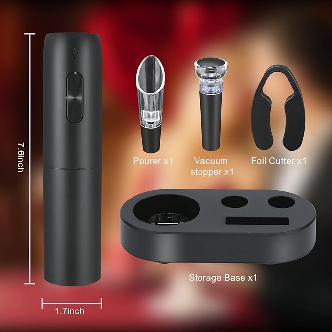 VIDYSUFYR Electric Wine Bottle Opener Set with Charging Base- Black, Automatic Wine Bottle Opener with Led Light, Rechargeable Corkscrew Kit with Aerator，Foil Cutter，Stoppers
