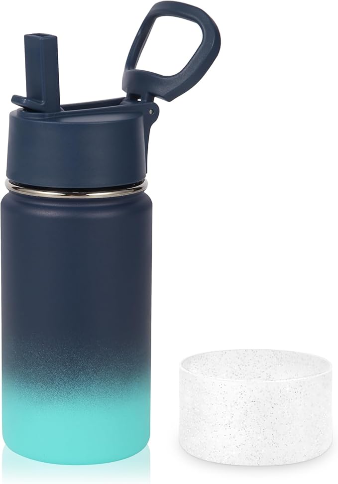 Volhoply 14oz KIds Stainless Steel Insulated Leakproof Water Bottle with Straw Lid and Silicone Boot,BPA-Free Easy Use for Boys&Girls,Double Wall Vacuum Bottles(Blue Green,1)