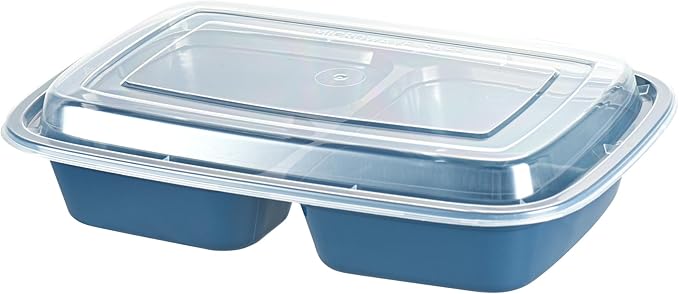 Asporto 26 Ounce Compartment Take Out Boxes, 100 Microwavable Meal Prep Containers - 3 Compartments, With Clear Plastic Lids, Midnight Blue Plastic Food Containers, Do Not Contain BPA - Restaurantware