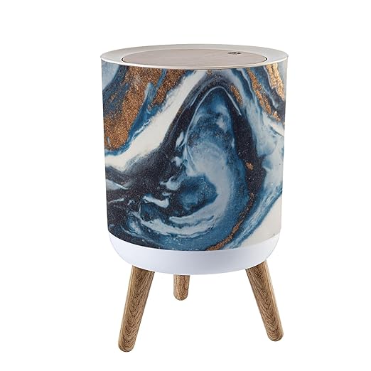 Trash Can with Lid Abstract Agate Blue Gold Seashore Fluid Horizontal Press Top Round Small Garbage Bin with Wooden Legs Waste Basket for Kitchen Bedroom Nursery 7L/1.8 Gallon
