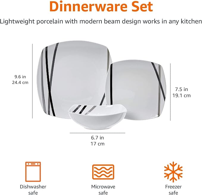 Amazon Basics 18 Piece Kitchen Dinnerware Set, Dishwasher and Microwave Safe, Square Plates, Bowls, Service for 6, Modern Beams