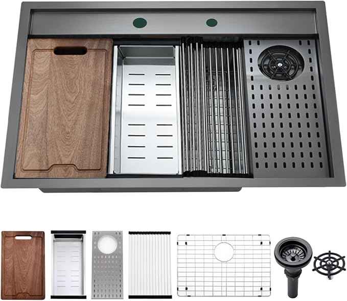 33 Inch Black Drop In Kitchen Sink Workstation with Glass Rinser -VOKIM 33x22 Drop In sink Workstation Stainless Steel 16 Gauge Deep Single Bowl Kitchen Sink with Cup Washer