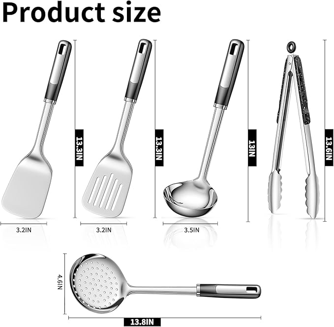 5 pcs Cooking Utensils Set,Stainless Steel Kitchen Utensils,Kitchen Tools Include Solid & Slotted Spatula,Soup Ladle,Egg Whisk,tongs,Skimmers