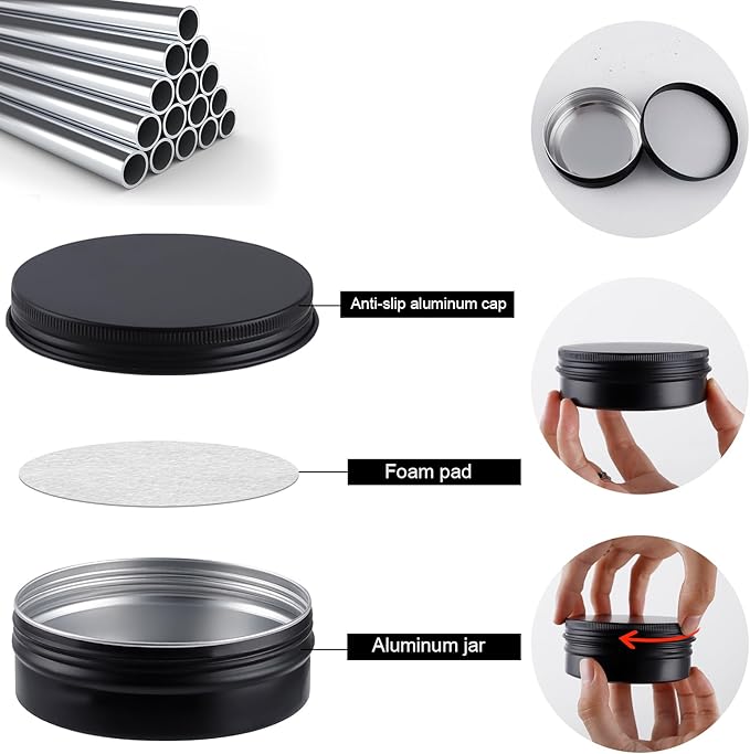 OBKJJ 60 Pack Round Cans with Screw Lid 4 Oz Aluminum Metal Tins DIY Food Candle Containers for Lotion Bars, Balms, Salve, Spices, Beard Balm, Crafts with 4 Markers 2 Sheets Label Stickers