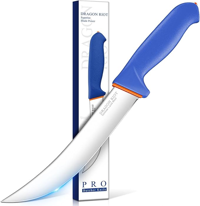 DRAGON RIOT Premium Butcher Breaking Knife 8 Inch, Curved Caving and Slicing Knife in High Carbon Stainless Steel,Razor Sharp Birsket Knives,Cimeter Breaking Blade for Meat Cutting,Ideal Gift for Men