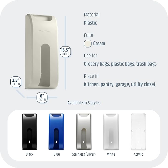 Wall Mount Plastic Bag Organizer | Durable Plastic Grocery Bag Saver | Smudge Proof, Fingerprint Resistant (Cream)