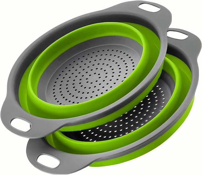 Silicone Colander Collapsible Strainers Set for Kitchen- 2 Pack (5Qt) -Over Home Draining Basket, Food Vegetables & Fruits-Dishwasher Safe, Space Saving Design (Greeen)