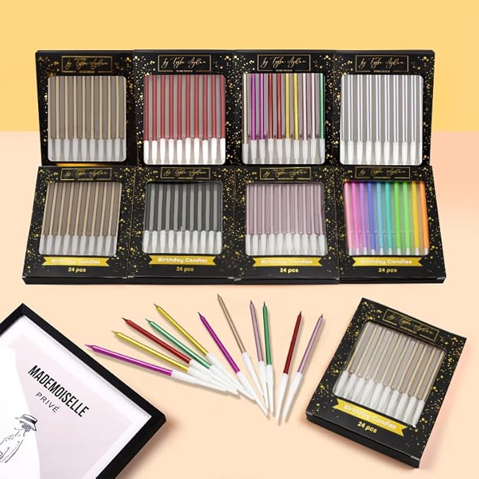 by Tugba Aydan - Silver Birthday Candles - 24 Count Long Thin Silver Birthday Candles for Cake, Metallic Cake Candle for Birthday, Party Candles
