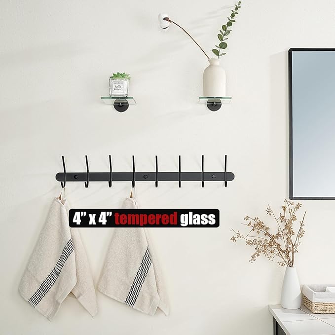 JQK Small Floating Glass Shelves Black, 4 Inch Display Ledges for Wall, Mini Decor, Living Room Bedroom Bathroom, Tempered Glass Shower Storage, 2 Pack, TGS101L4-PB-P2