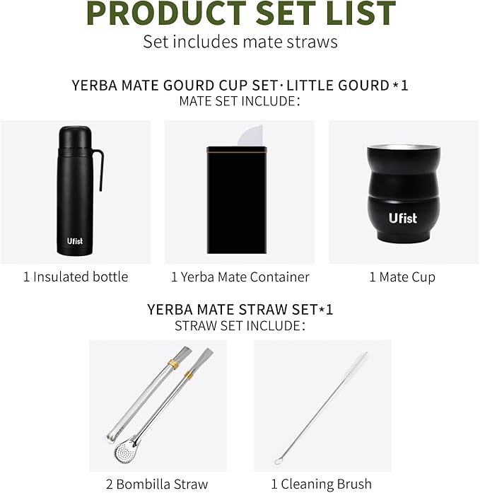Yerba Mate Set with 34 oz Insulated Bottle, 4.8oz Gourd Cup, Bombilla Straws, Tea Container(500g), Stainless Steel (Uruguay)
